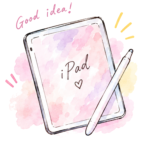 ピンクと紫の水彩のiPadとApple Pencil