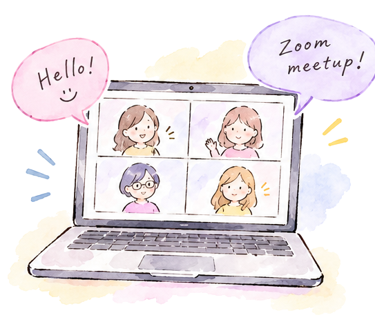 仲間とZoomでつながるPCの水彩イラスト